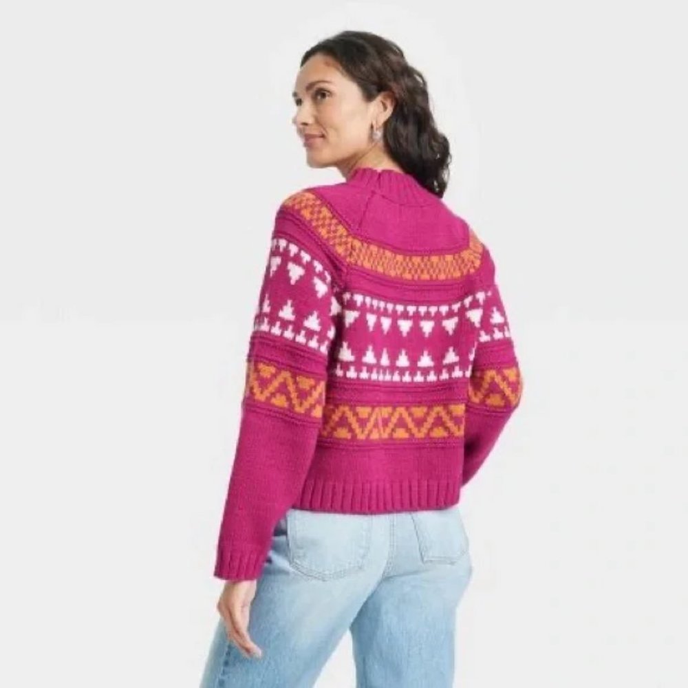 NWT UNIVERSAL THREAD Fair Isle Sweater Fuchsia Geometric Mock Neck Pullover S